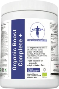 angled front view of Organic Boost Complete+ food supplement tub with immunity and fibre claims