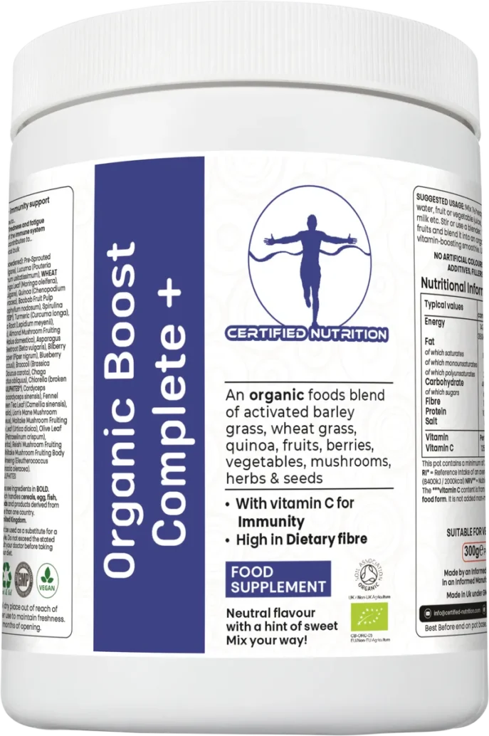 angled front view of Organic Boost Complete+ food supplement tub with immunity and fibre claims