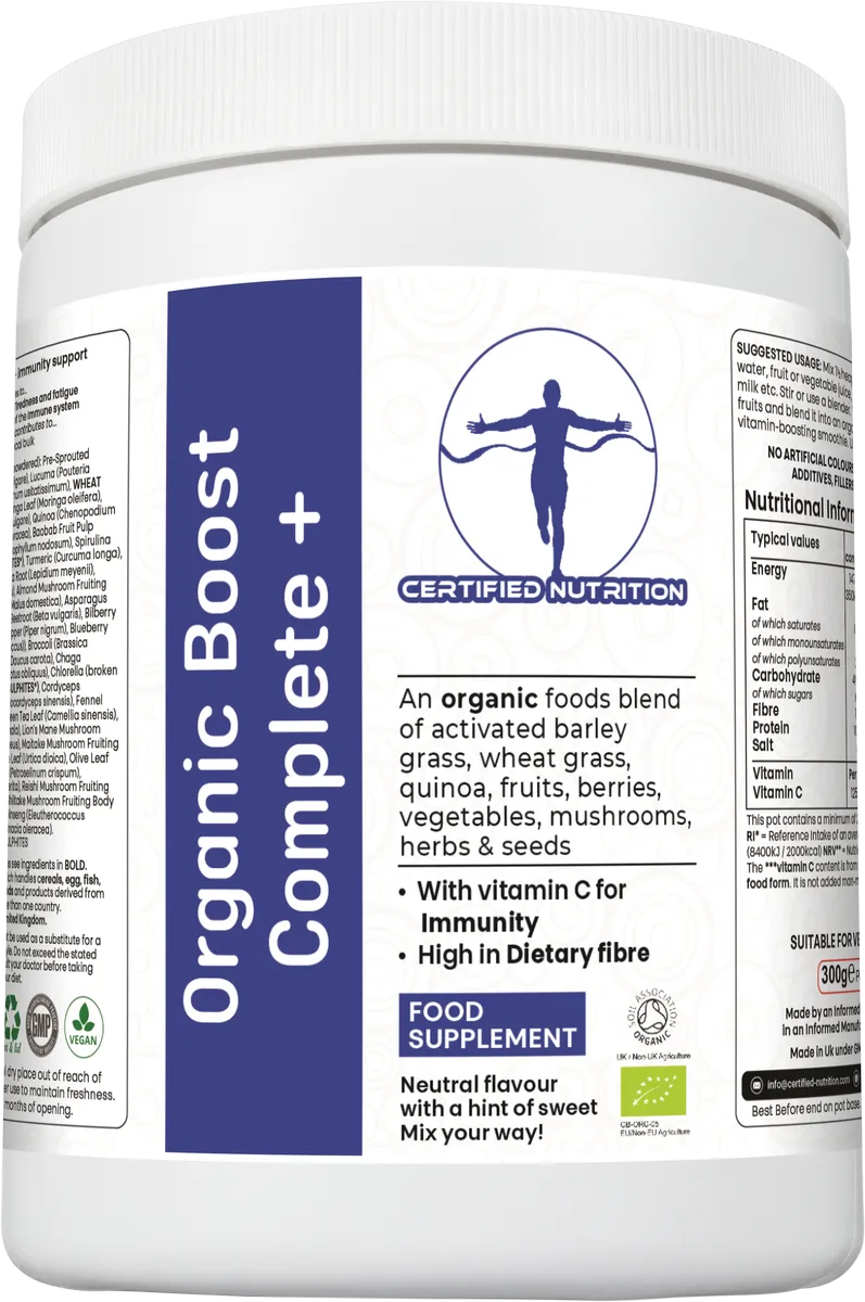 angled front view of Organic Boost Complete+ food supplement tub with immunity and fibre claims