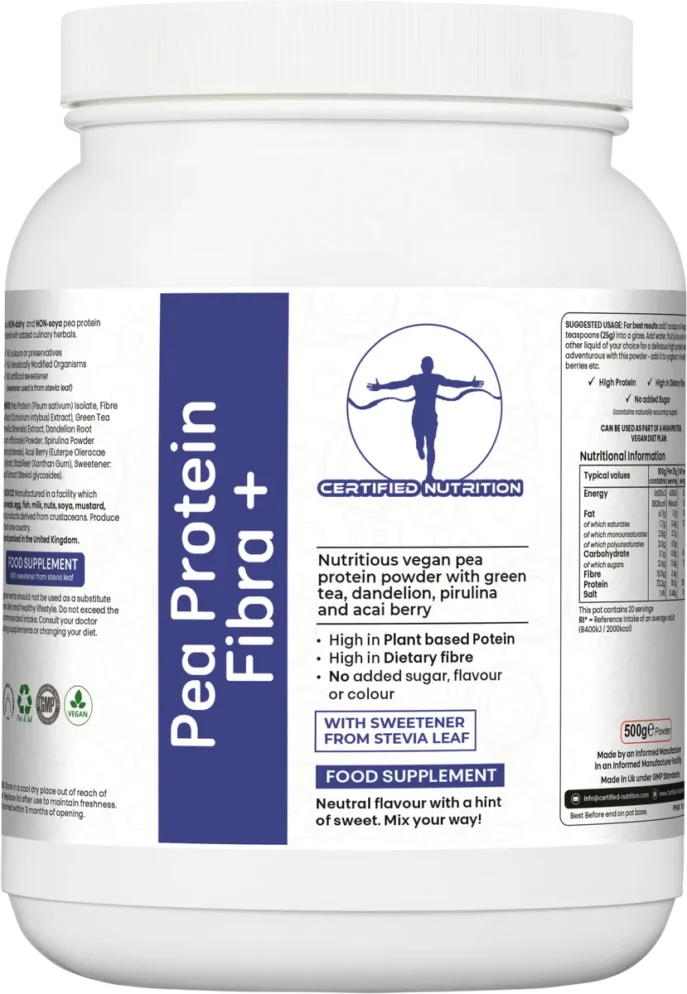 front label of Pea Protein Fibra+ showing plant protein claims and herbal blend