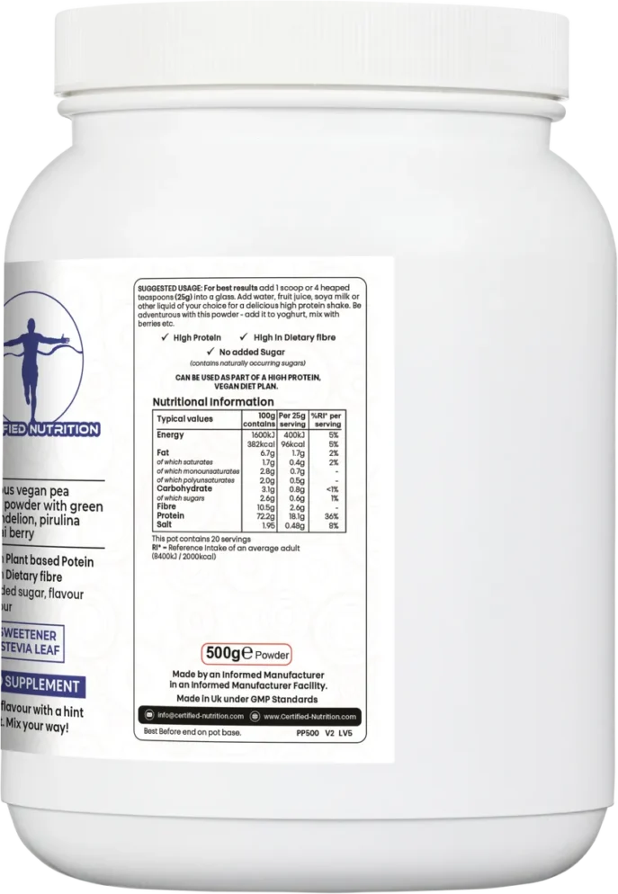 nutrition table of Pea Protein Fibra+ with per 100g and per 25g values