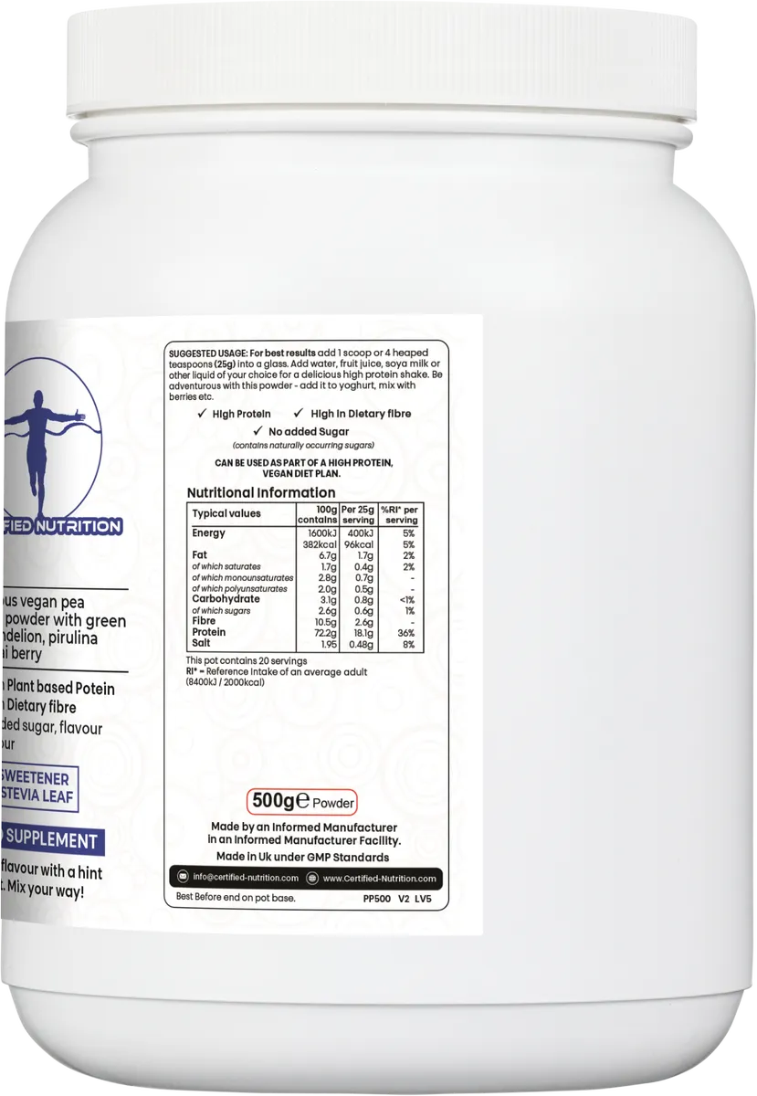 nutrition table of Pea Protein Fibra+ with per 100g and per 25g values