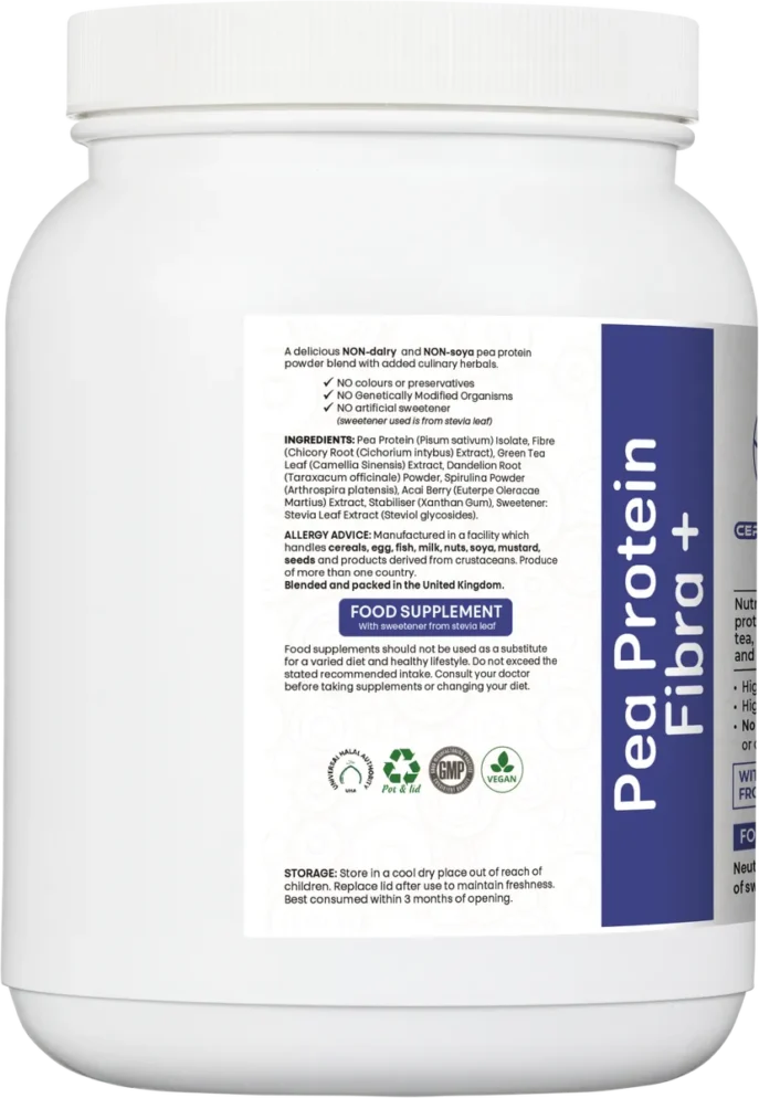 Pea Protein Fibra+ ingredients list with herbal extracts and clean label claims