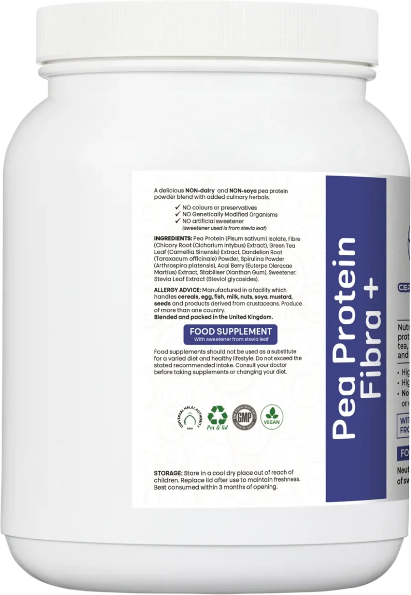 Pea Protein Fibra+ ingredients list with herbal extracts and clean label claims