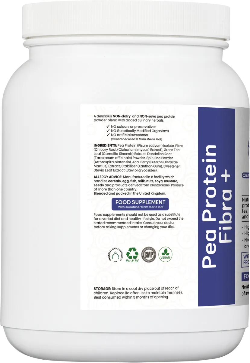 Pea Protein Fibra+ ingredients list with herbal extracts and clean label claims