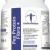 angled front view of Pea Protein Fibra+ tub with clean label and product benefits