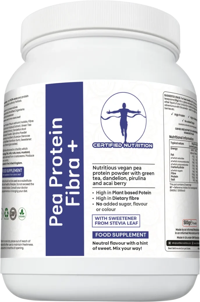 angled front view of Pea Protein Fibra+ tub with clean label and product benefits