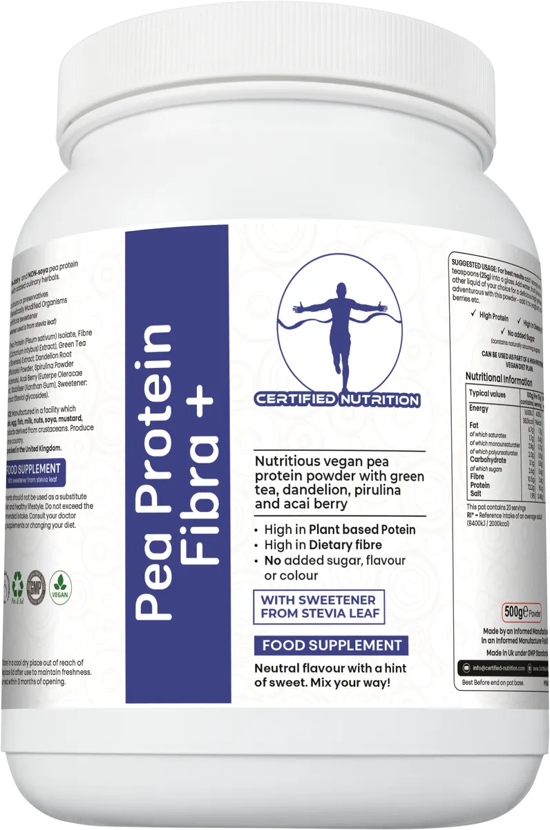 angled front view of Pea Protein Fibra+ tub with clean label and product benefits