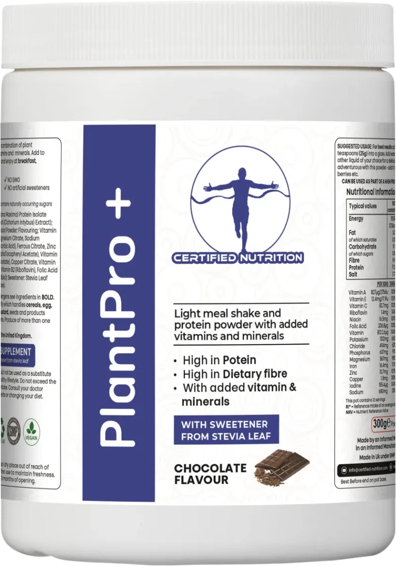 front label of PlantPro+ chocolate flavour with vitamins, fibre, and plant protein