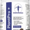 angled front view of PlantPro+ chocolate flavour container highlighting product benefits and branding