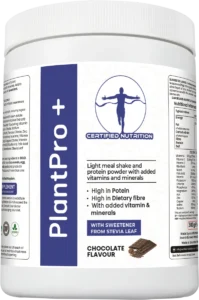 angled front view of PlantPro+ chocolate flavour container highlighting product benefits and branding