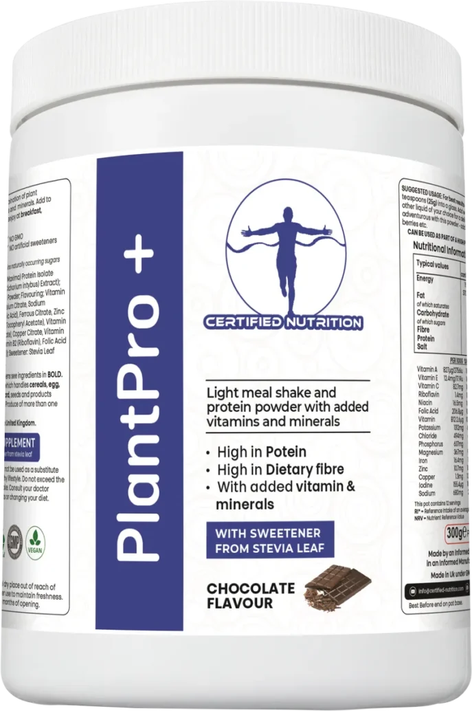 angled front view of PlantPro+ chocolate flavour container highlighting product benefits and branding