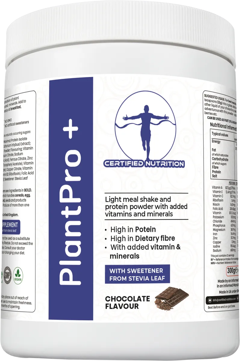 angled front view of PlantPro+ chocolate flavour container highlighting product benefits and branding