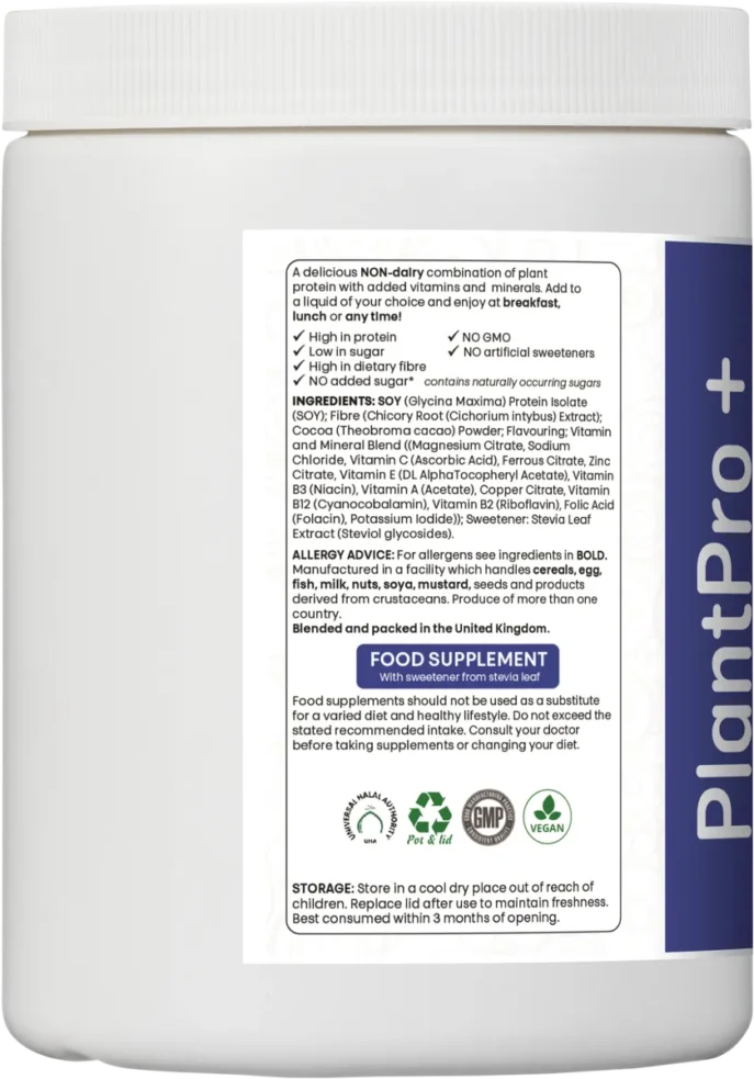ingredients list of PlantPro+ chocolate flavour with soy protein, cocoa, fibre, and micronutrients