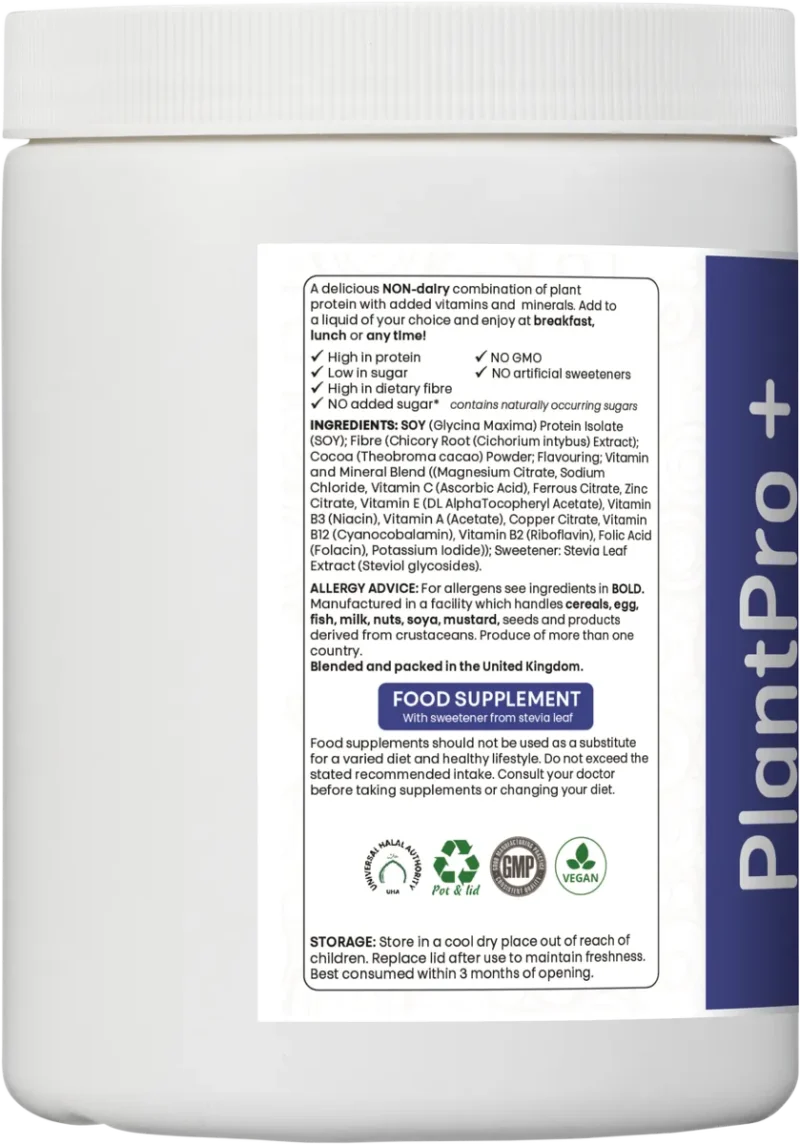 ingredients list of PlantPro+ chocolate flavour with soy protein, cocoa, fibre, and micronutrients