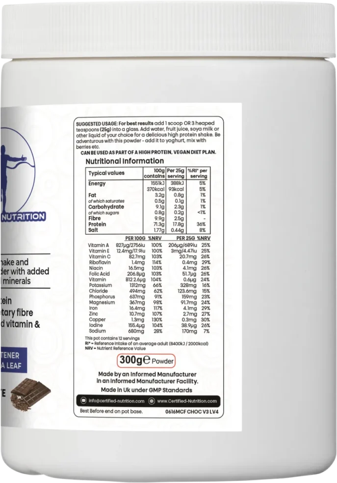 nutritional values of PlantPro+ chocolate per 100g and 25g including macros and micronutrients
