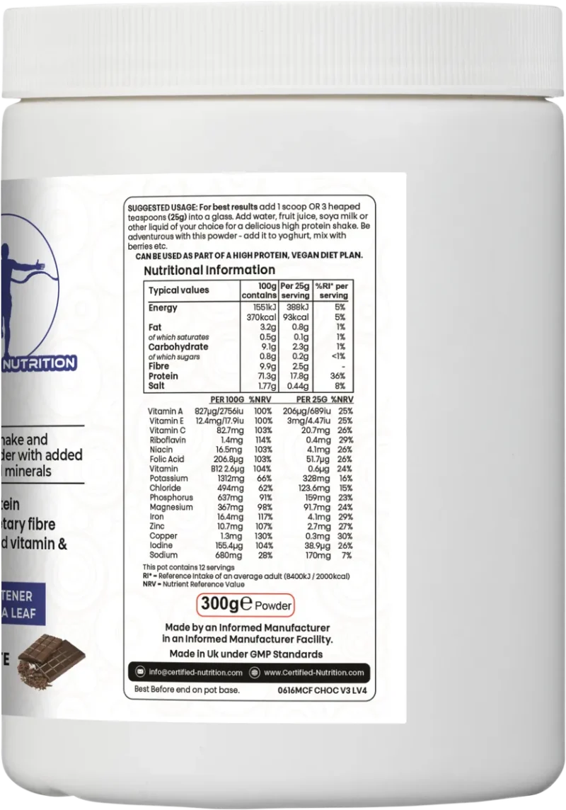 nutritional values of PlantPro+ chocolate per 100g and 25g including macros and micronutrients