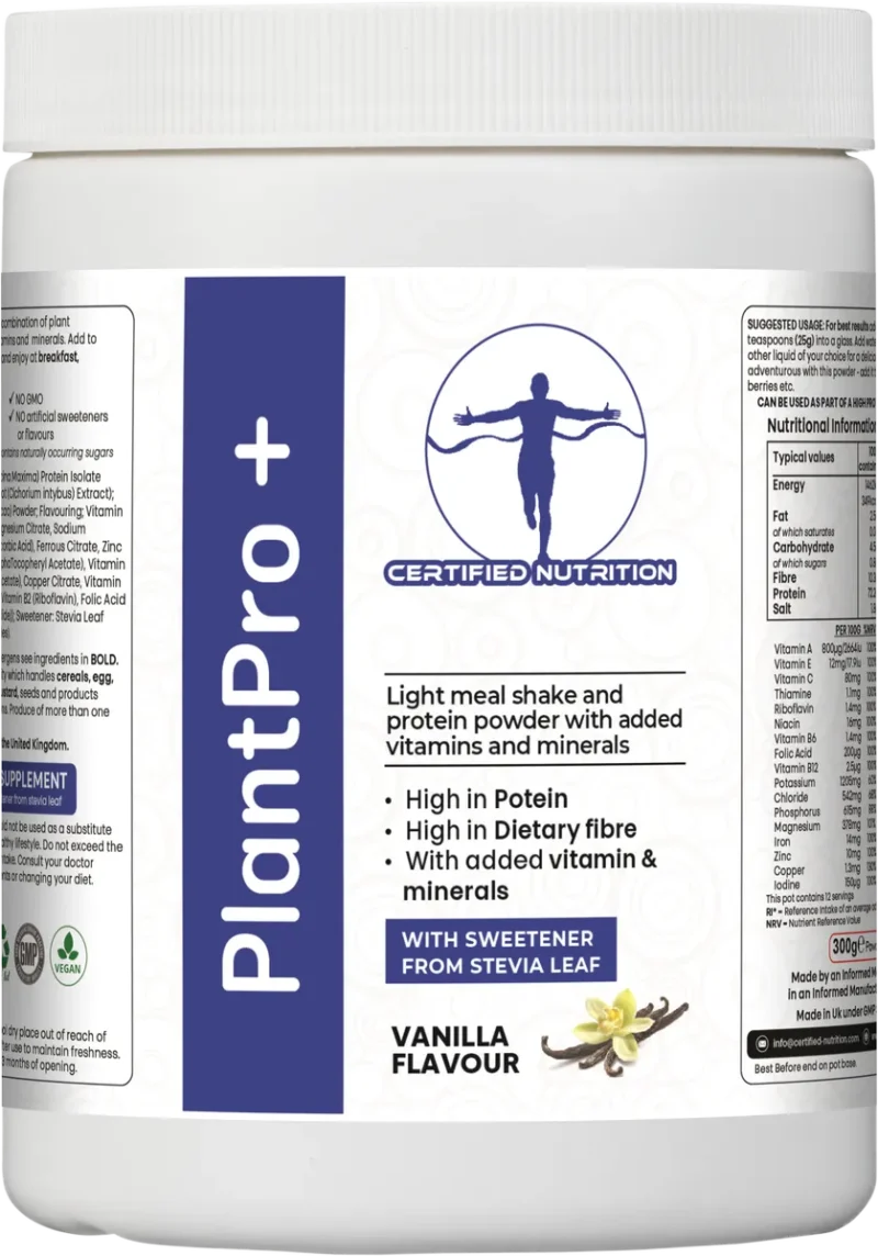 front label of PlantPro+ vanilla flavour with high protein, fibre, and added vitamins