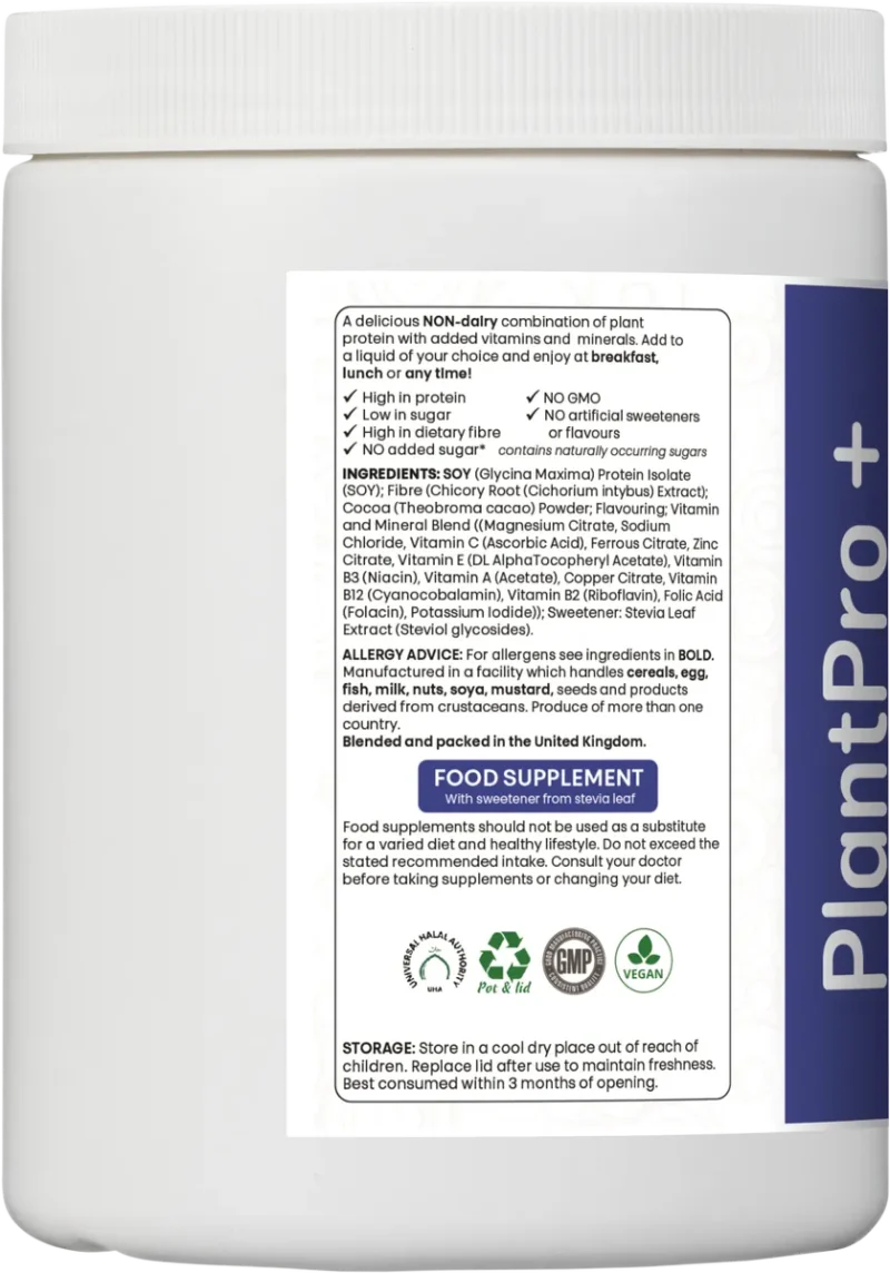 PlantPro+ ingredients list with soy protein, fibre, cocoa, and full micronutrient blend
