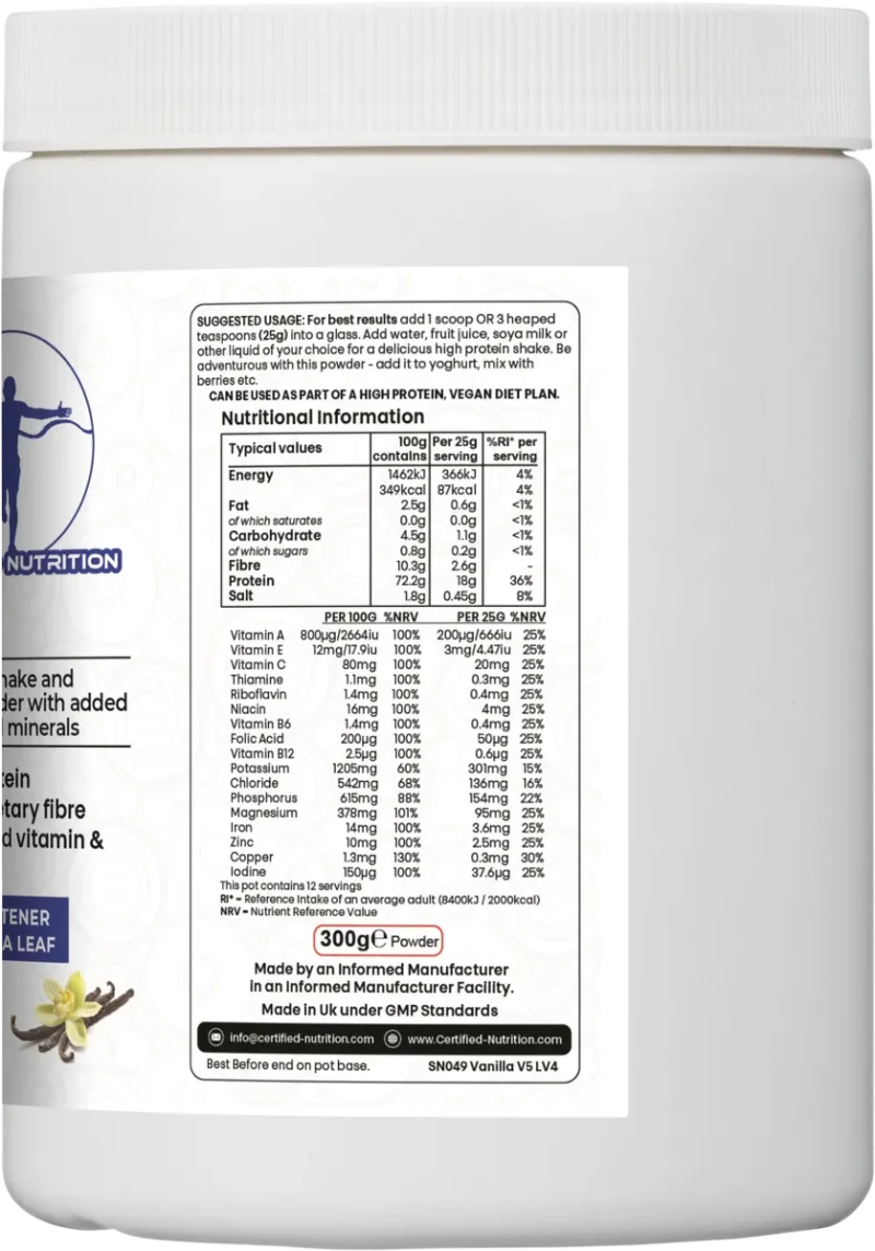 nutrition facts of PlantPro+ powder per 100g and 25g serving including vitamins and minerals