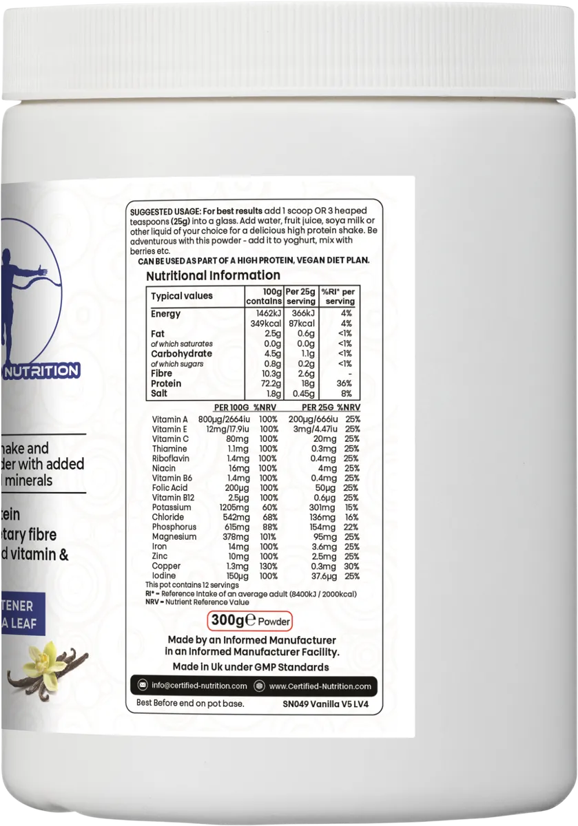 nutrition facts of PlantPro+ powder per 100g and 25g serving including vitamins and minerals