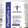 angled front view of PlantPro+ vanilla flavour container with clean branding and product claims