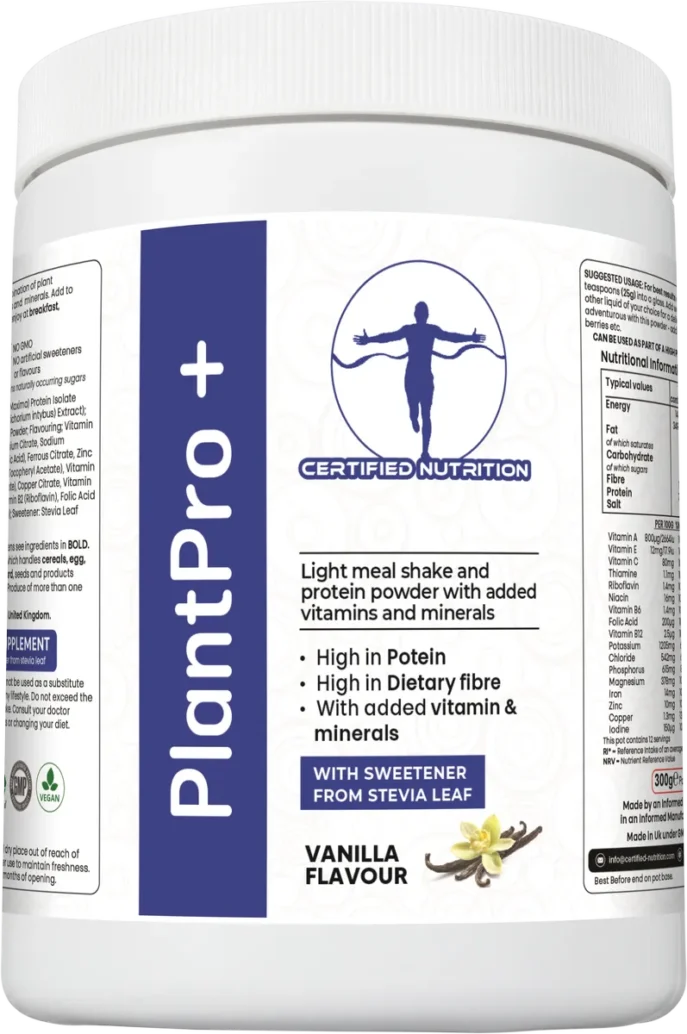 angled front view of PlantPro+ vanilla flavour container with clean branding and product claims