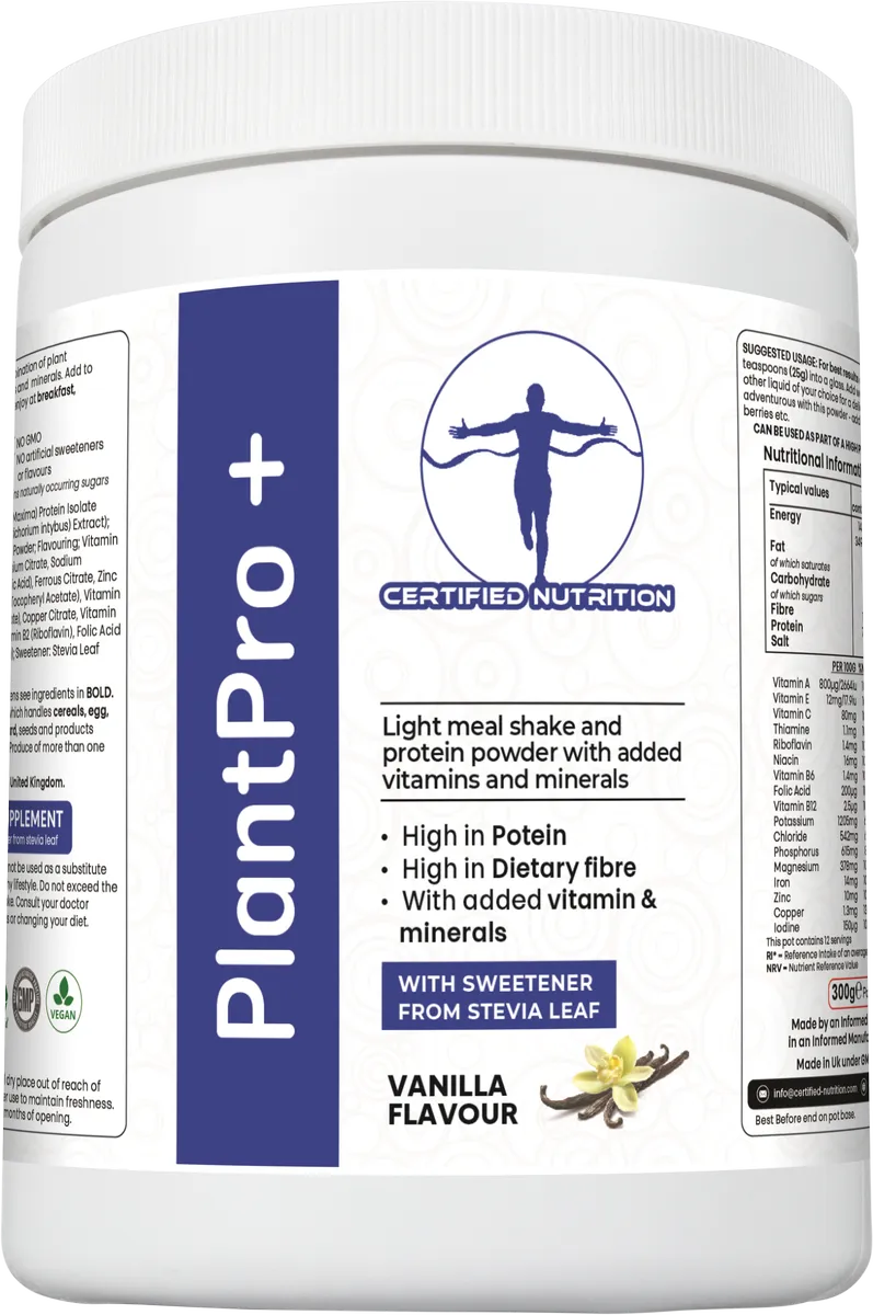 angled front view of PlantPro+ vanilla flavour container with clean branding and product claims
