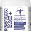 Front label of Protein Max+ all-in-one recovery supplement showing key ingredients and chocolate flavour