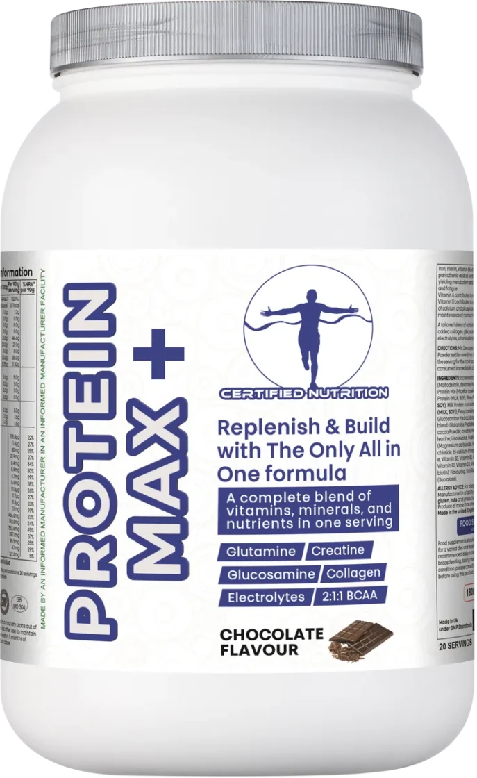 Front label of Protein Max+ all-in-one recovery supplement showing key ingredients and chocolate flavour