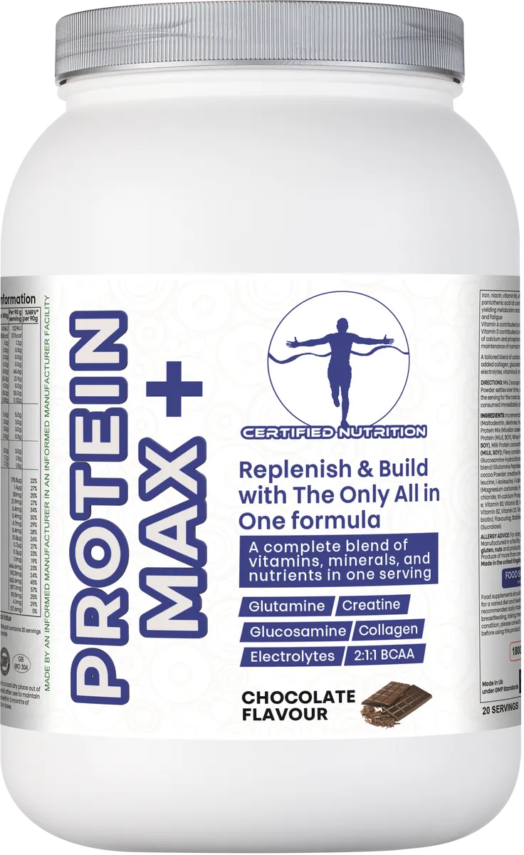 Front label of Protein Max+ all-in-one recovery supplement showing key ingredients and chocolate flavour