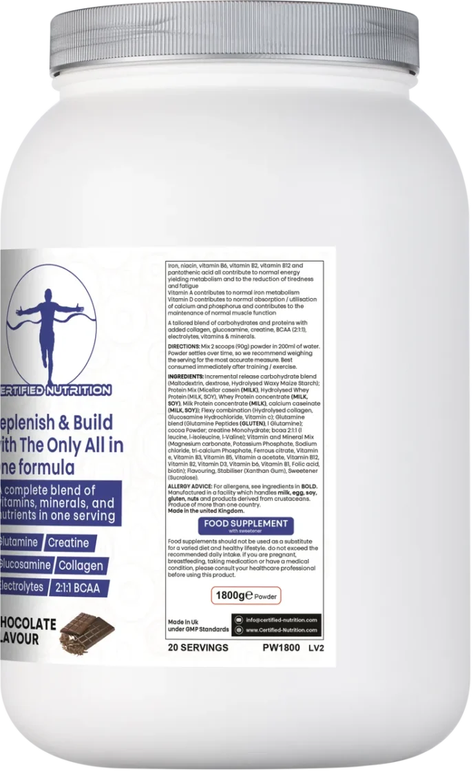 Directions for use and certifications for Protein Max+ including GMP, recyclable packaging, and allergy info