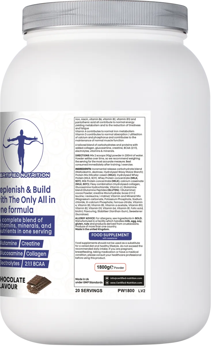 Directions for use and certifications for Protein Max+ including GMP, recyclable packaging, and allergy info