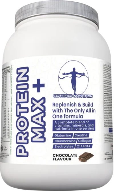 Certified Nutrition Protein Max+ chocolate flavour angled front view showing all-in-one recovery blend