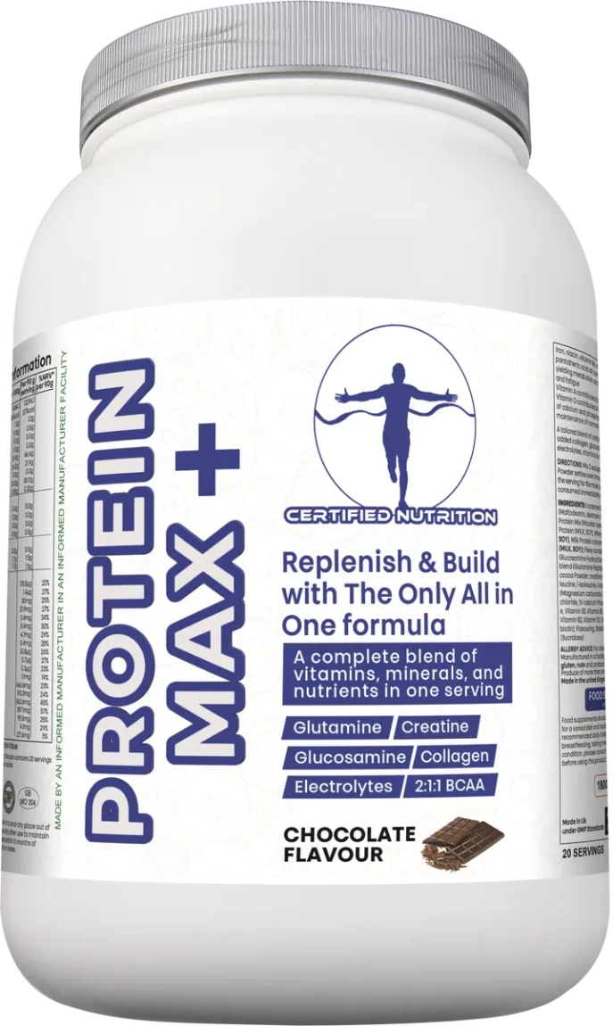 Certified Nutrition Protein Max+ chocolate flavour angled front view showing all-in-one recovery blend