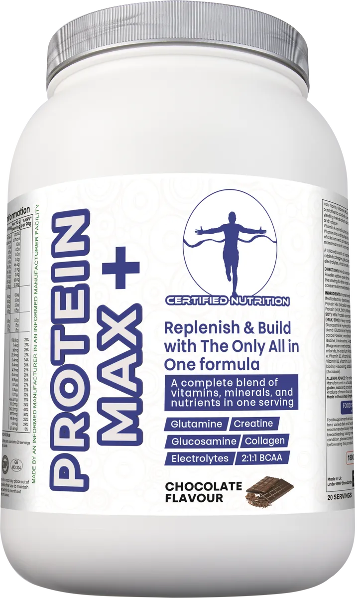 Certified Nutrition Protein Max+ chocolate flavour angled front view showing all-in-one recovery blend