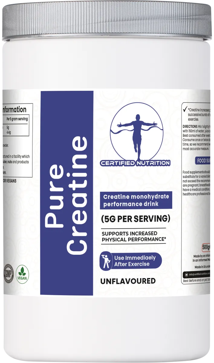 Front label of Certified Nutrition Pure Creatine showing usage claims and serving size per scoop