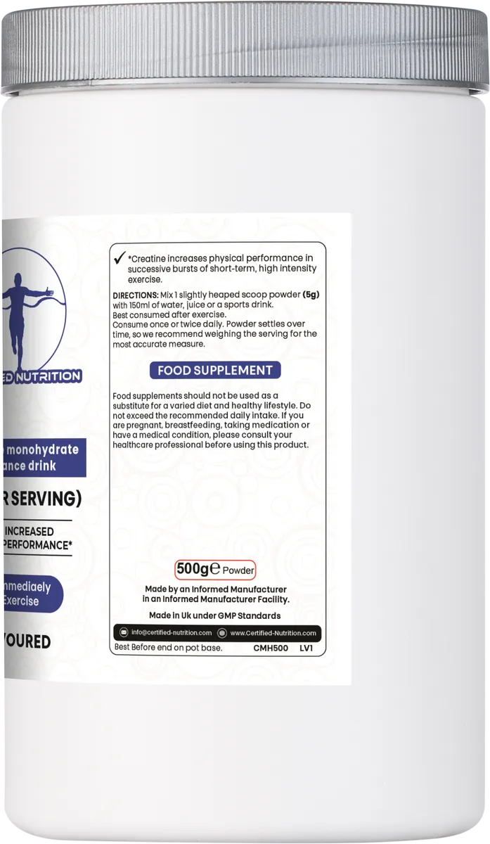 Directions for use and certification icons for Certified Nutrition Pure Creatine supplement