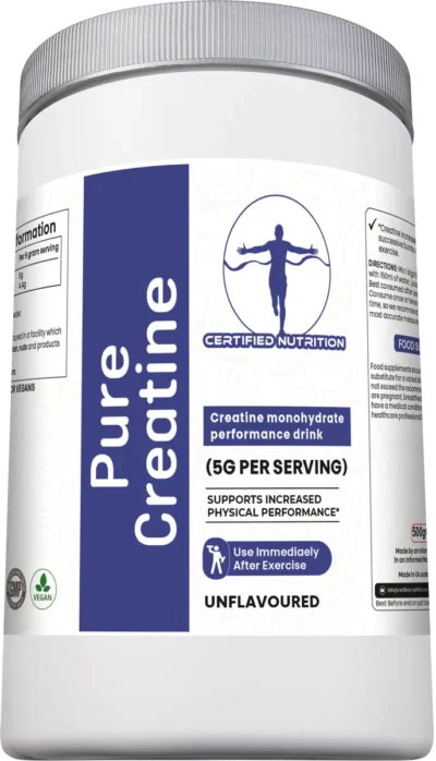 Certified Nutrition Pure Creatine monohydrate angled front view showing 5g per serving performance formula