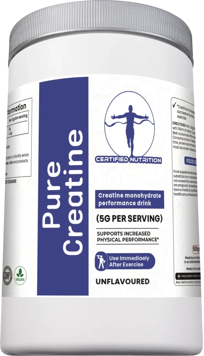 Certified Nutrition Pure Creatine monohydrate angled front view showing 5g per serving performance formula