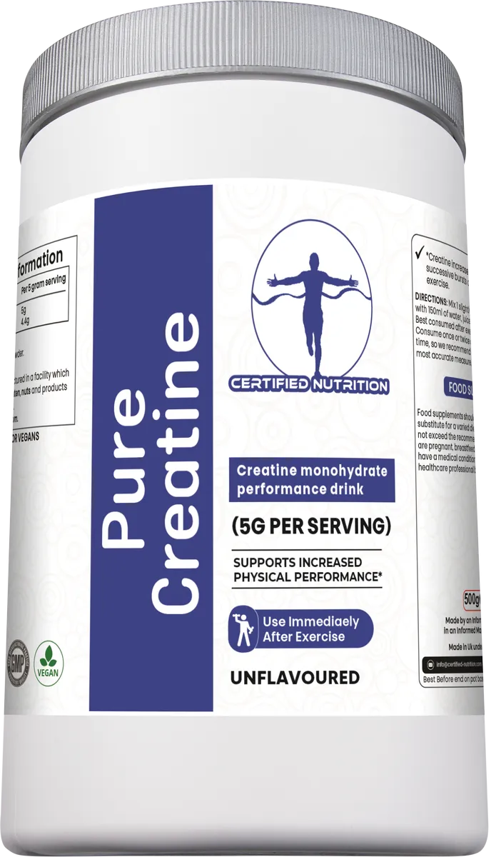 Certified Nutrition Pure Creatine monohydrate angled front view showing 5g per serving performance formula