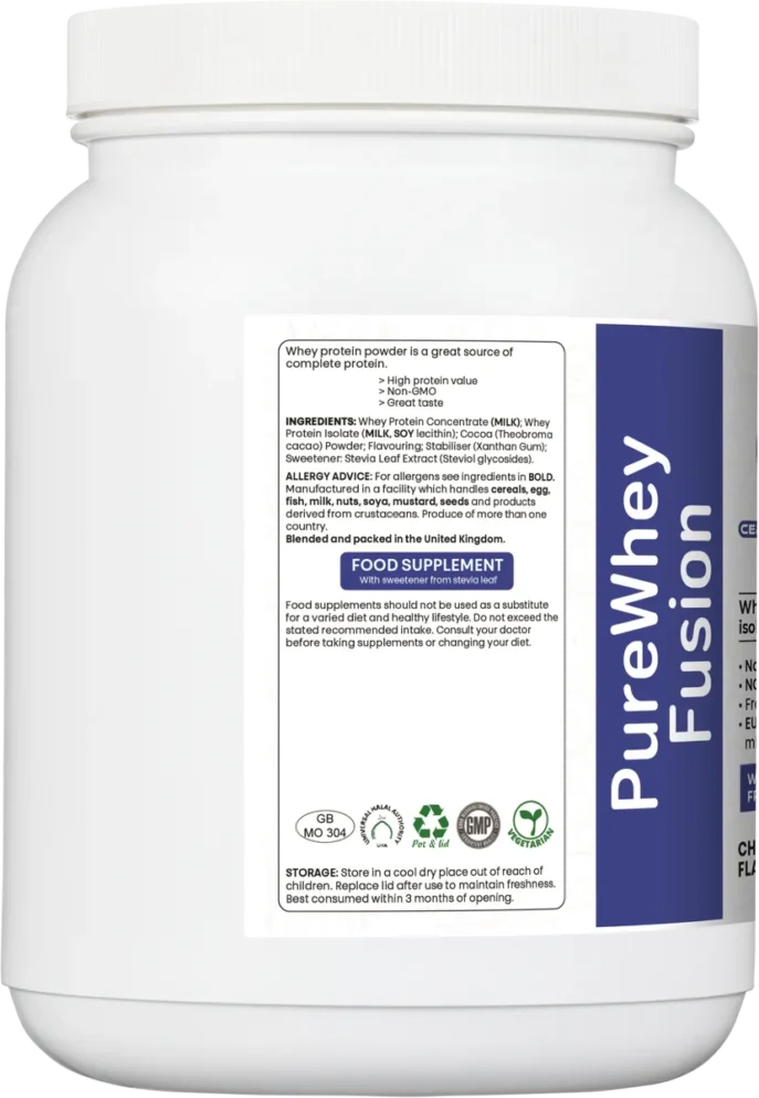 PureWhey Fusion ingredients list with allergen advice and certifications