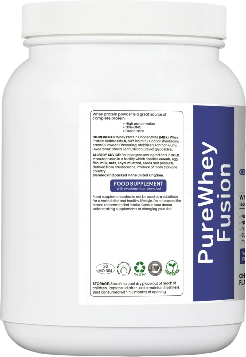 PureWhey Fusion ingredients list with allergen advice and certifications