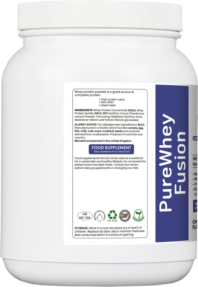 PureWhey Fusion ingredients list with allergen advice and certifications