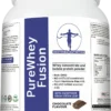 angled front view of PureWhey Fusion chocolate flavour tub showing product claims and benefits