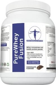angled front view of PureWhey Fusion chocolate flavour tub showing product claims and benefits