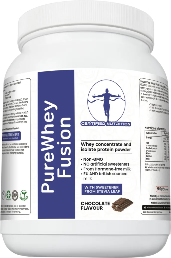 angled front view of PureWhey Fusion chocolate flavour tub showing product claims and benefits