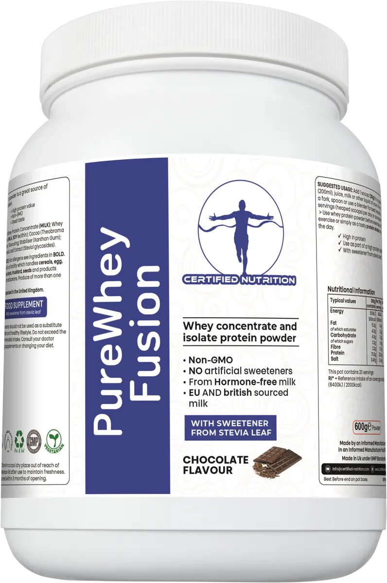 angled front view of PureWhey Fusion chocolate flavour tub showing product claims and benefits