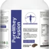 front label of PureWhey Fusion showing product benefits, flavour, and clean branding