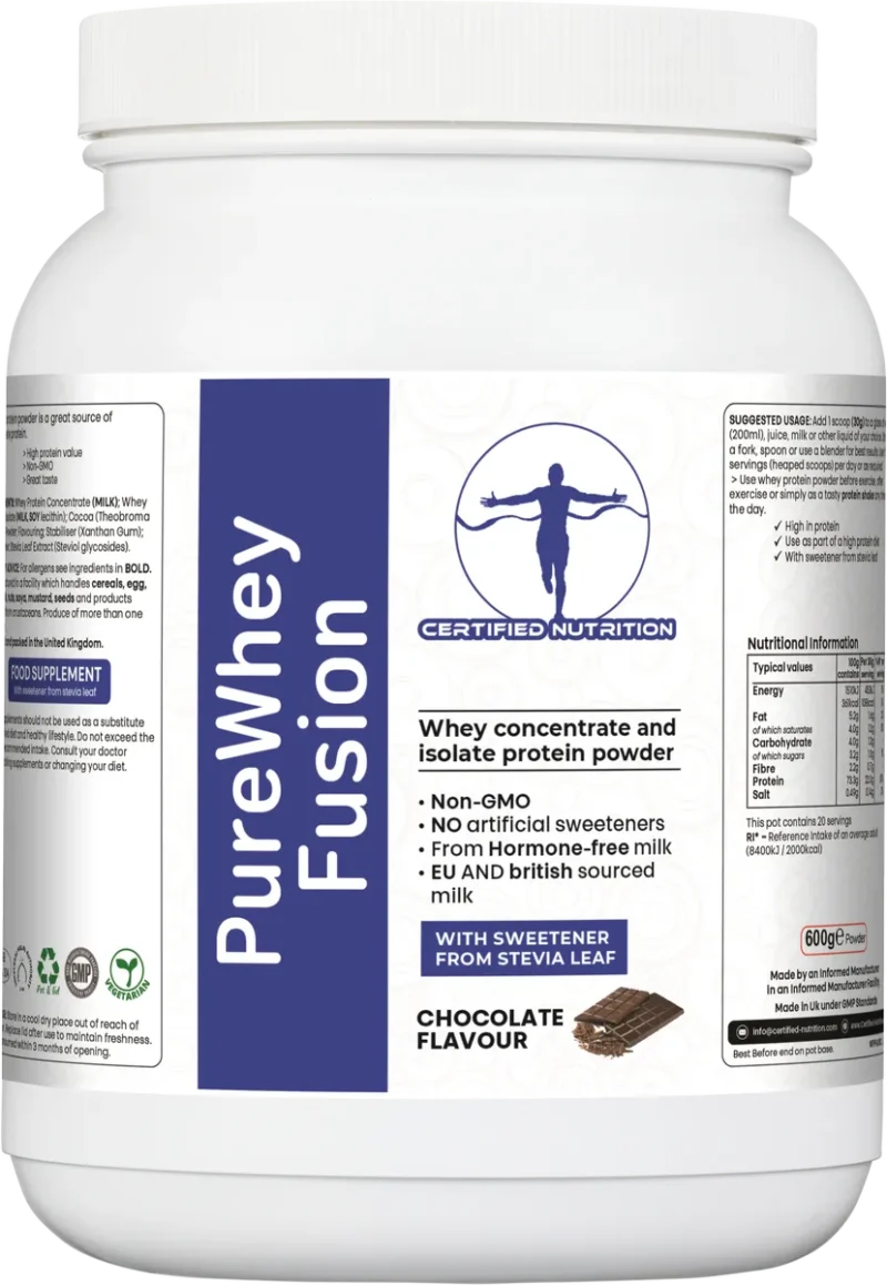 front label of PureWhey Fusion showing product benefits, flavour, and clean branding